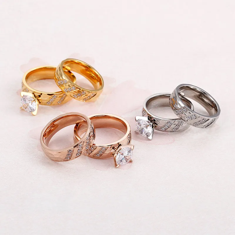 Korean Japanese Stainless Steel Couple's Matching Ring 18K Gold Textured Diamond-Embedded Rings