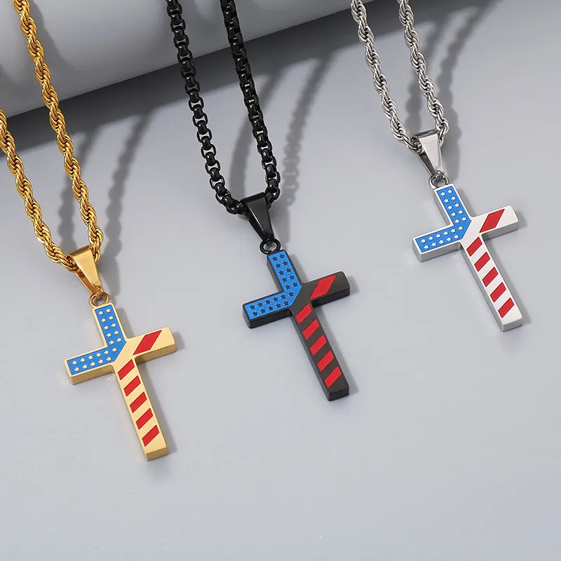 American Red Blue White Star Spangled Stainless Steel Cross Pendant Men's and Women's Jewelry