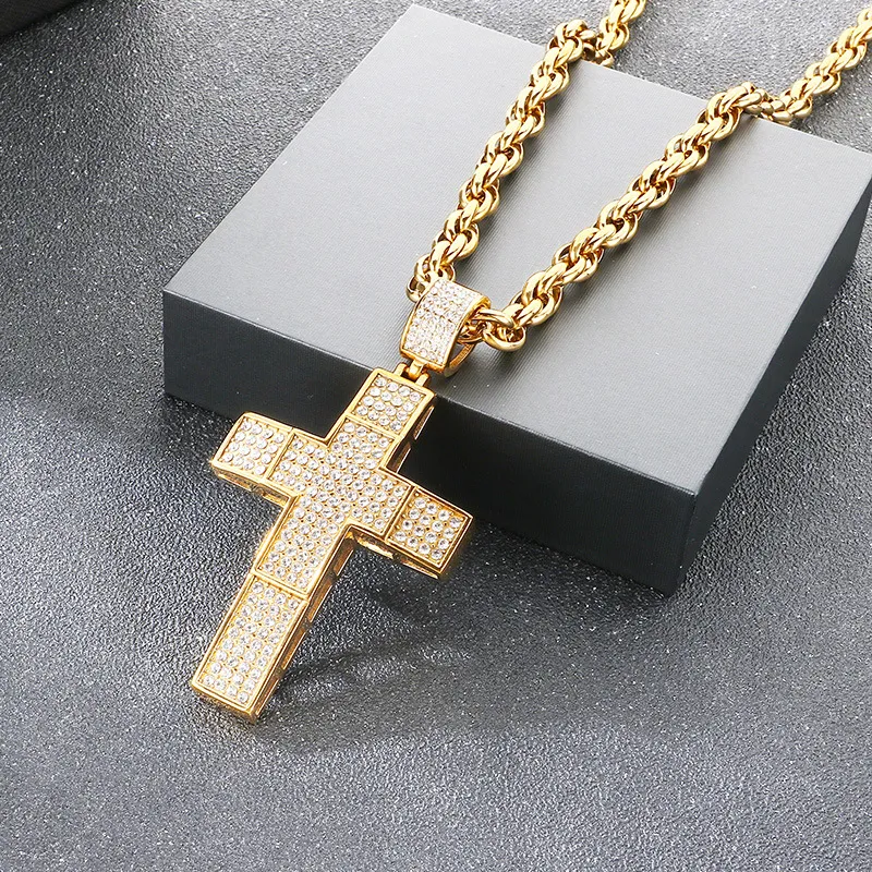 Trendy Fried Dough Twists Chain Hip Hop Full Diamond Double Cross Hollow Pendant Stainless Steel Men's Necklace