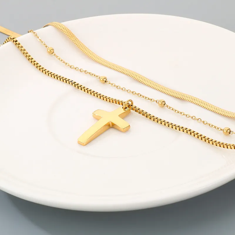 European and American Flat Snake Chain Multi-Layer Chain Necklace Retro Stainless Steel Box Chain Cross Pendant Men's and Women's Necklace