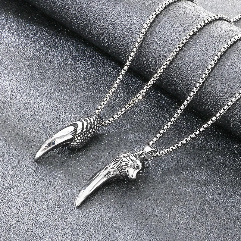 Trendy Retro Wolf Tooth Pendant, Personalized and Domineering, Blackened Eagle Claw Stainless Steel Men's Pendant