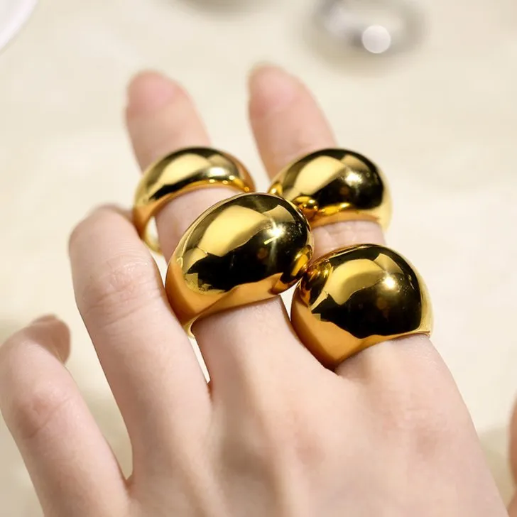 French-Style Trendy Gold Domed Geometric Stainless Steel Ring for Men and Women