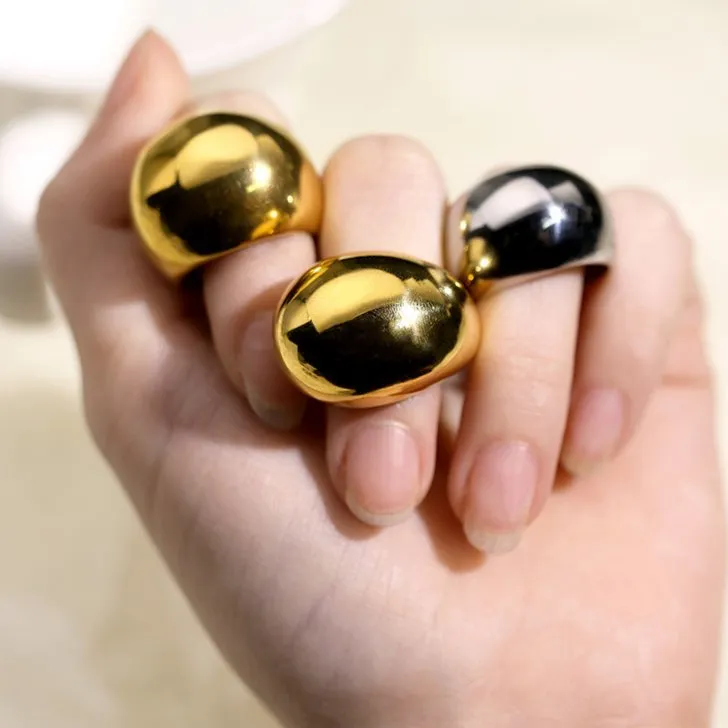 French-Style Trendy Gold Domed Geometric Stainless Steel Ring for Men and Women