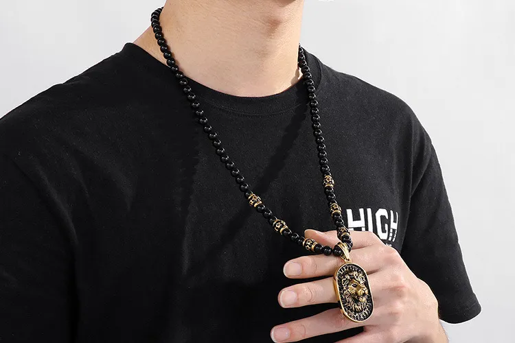 European and American Style Jewelry, Stainless Steel Exaggerated Lion Head Pendant, Ethnic Style Buddhist Beads, Beaded Necklace Long Necklace