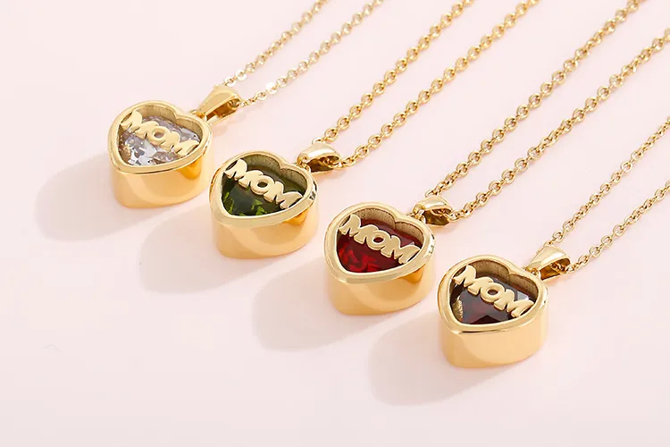 Birthstone Month Mom Heart-Shaped Polished Stainless Steel Pendant Necklace Mother's Day Gift
