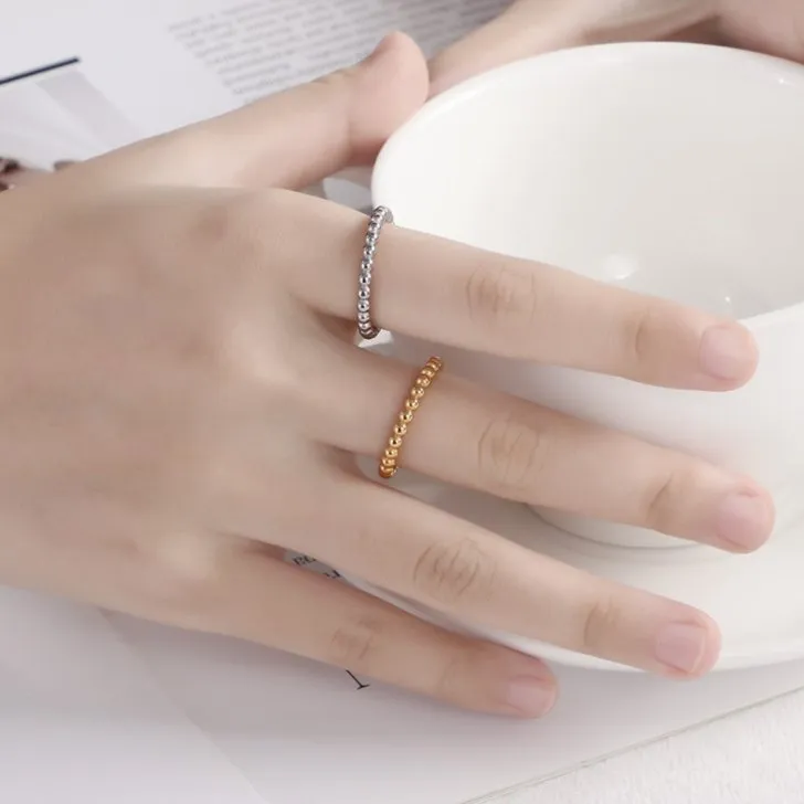 Elegant Openning Beaded Stainless Steel Ring with Water Ripple Design
