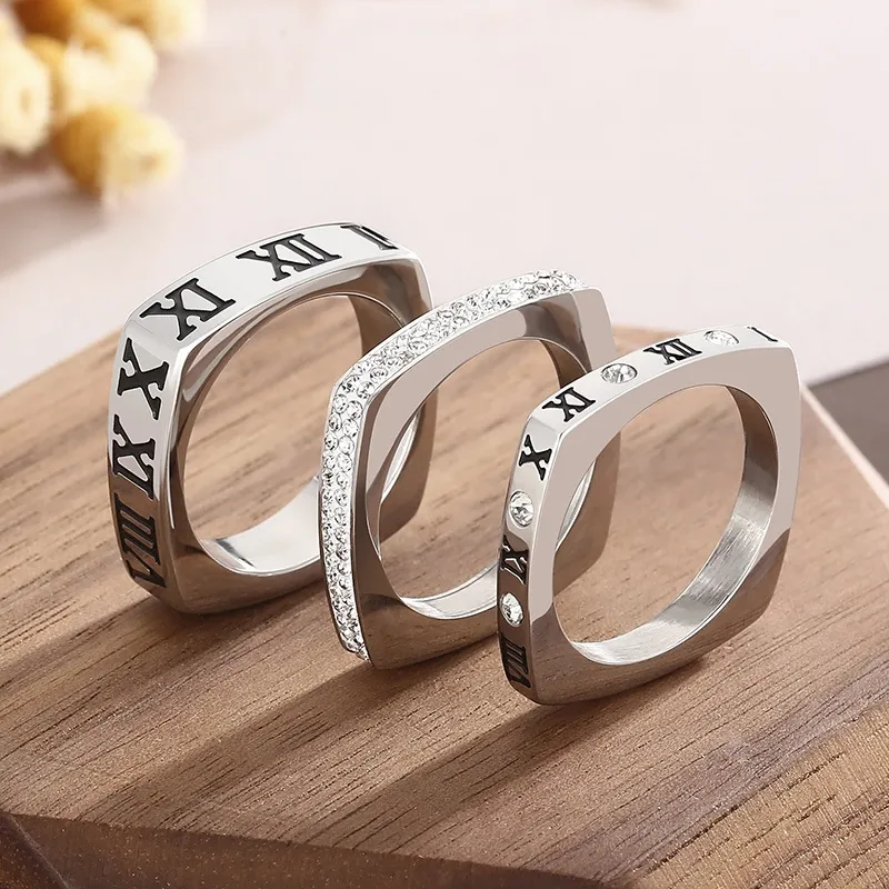 Personality Multi-Ring Square Ring Fashion Diamond-Embedded Roman Numeral Stainless Steel Ring Wholesale