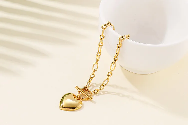 New European and American Style Ot Buckle Heart Necklace and Bracelet Stainless Steel Women's Set