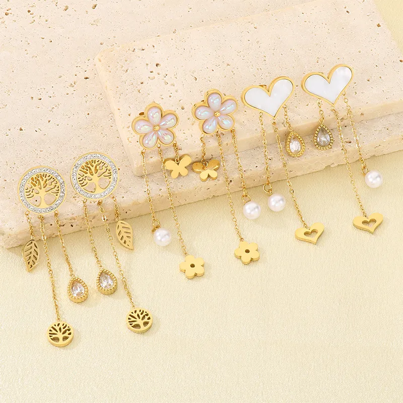 Stainless Steel Jewelry Tree of Life Flower Butterfly Love Element Earrings Women's Accessories