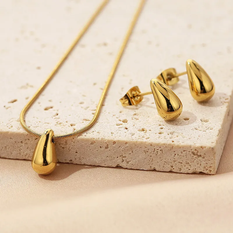 Fashion Water Drop Earrings Necklace Ins Geometric Stainless Steel Stud Jewelry Set