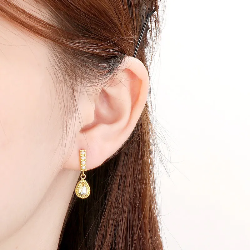Stainless Steel Jewelry Droplet Shaped Diamond Inlaid Shell Bead Earrings