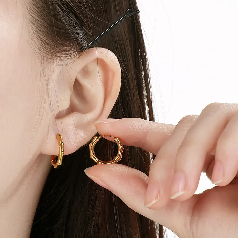 Fashion Stainless Steel Creative Fried Dough Twists Bamboo Style Round Earrings Jewelry