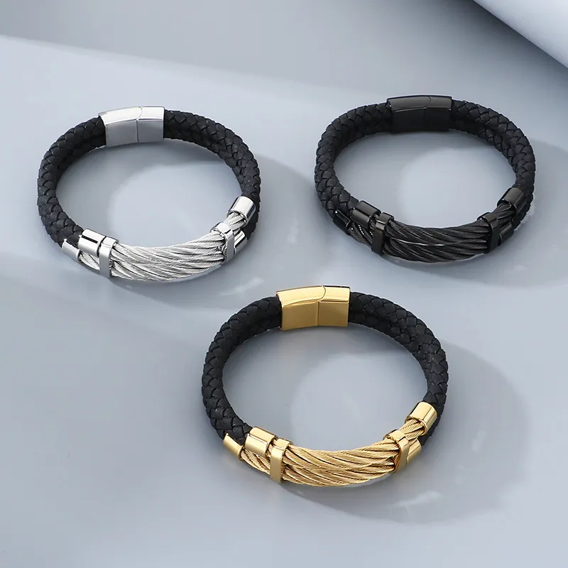Trendy and Personalized Stainless Steel Wire Woven Double-Layer Leather Rope Bracelet Jewelry