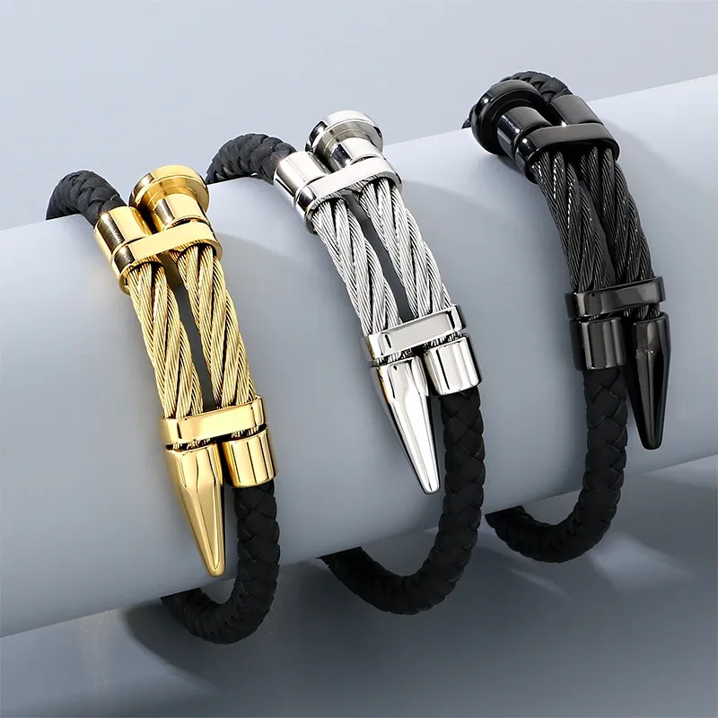 Punk Style Personalized Stainless Steel Nail Head Domineering Men's Leather Bracelet Wholesale