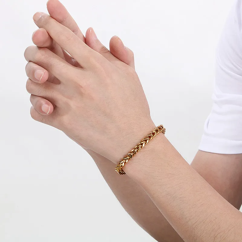 New Stainless Steel Couple Keel Bracelet European and American Simple Four Sided Polished High-End Cuban Chain Bracelet Wholesale