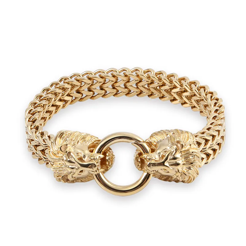 Wholesale Stainless Steel Creative Double Row Keel Chain Ghost Head Lion Head Round Buckle Men's Domineering Bracelet