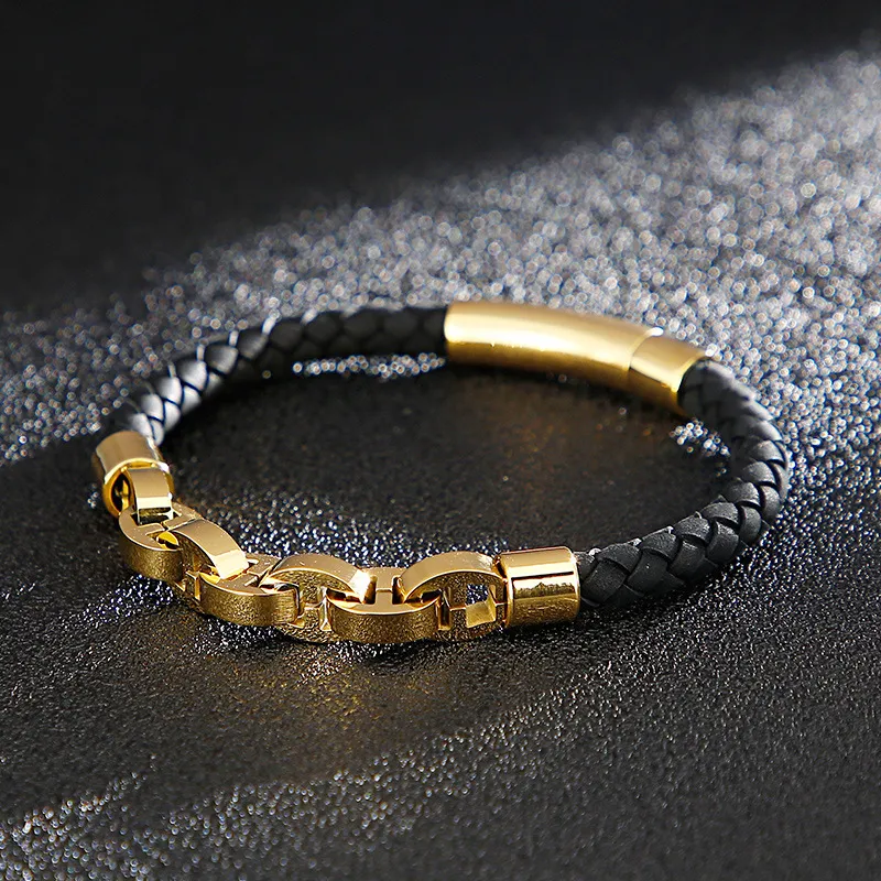 Trendy and Personalized Stainless Steel Cowhide Woven Chain Men's Leather Bracelet