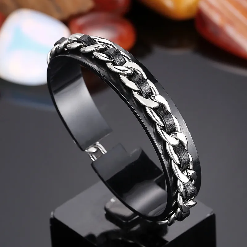 Stainless Steel Nk Chain Paired with Black Leather Bracelet Suitable for Daily Wear