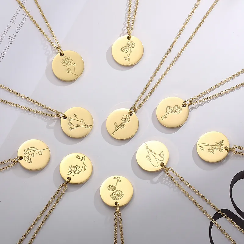 Stainless Steel Birth Flower Pendant Necklace for Mother's Day Gift
