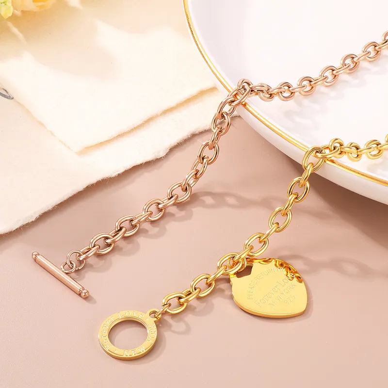 Ins Ot Clasp Heart Bracelet O-Chain Letter Peach Heart Stainless Steel Jewelry Set