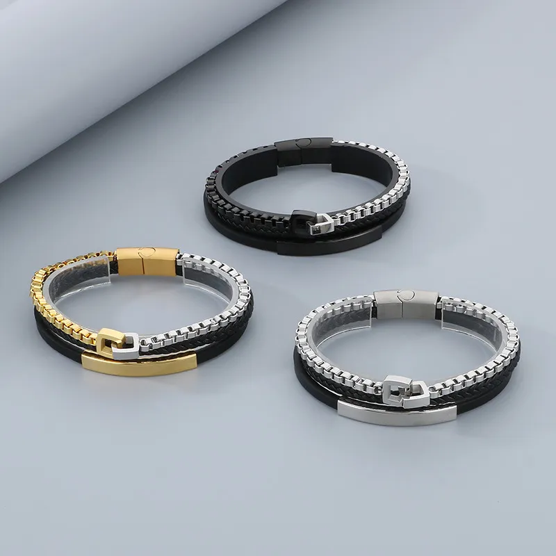 Stainless Steel Chain Leather Rope Woven Bracelet Multi-Layer Woven Leather Bracelet Popular Magnetic Buckle Bracelet