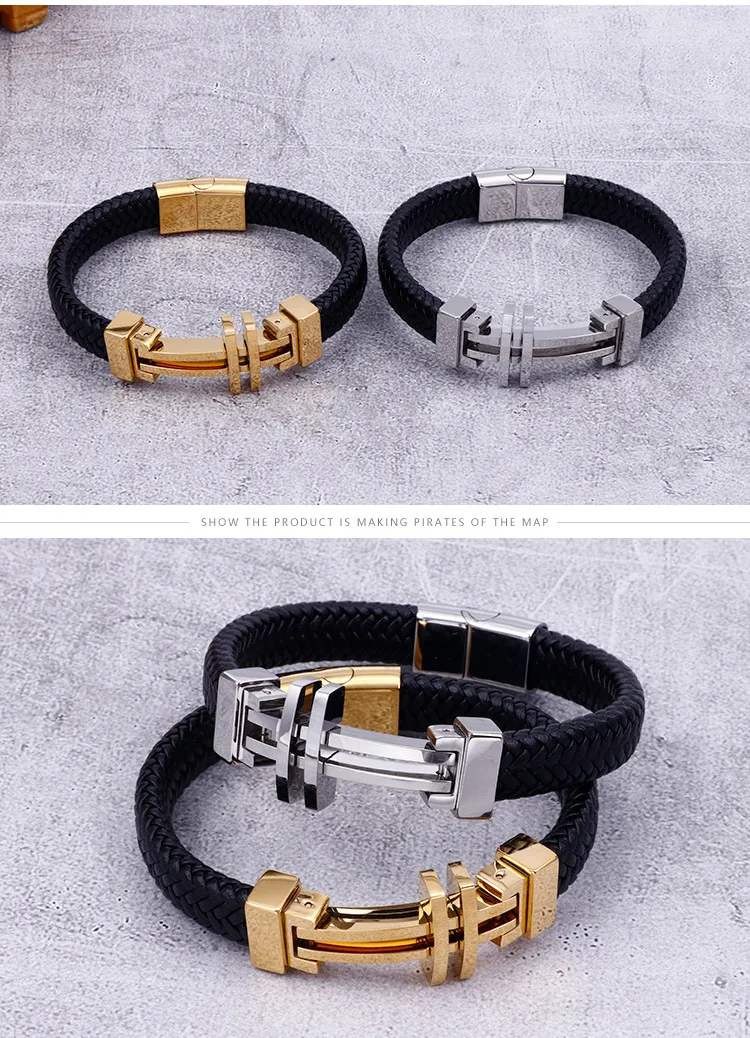 European and American Style Stainless Steel Cross Bracelet Woven Men's Leather Jewelry