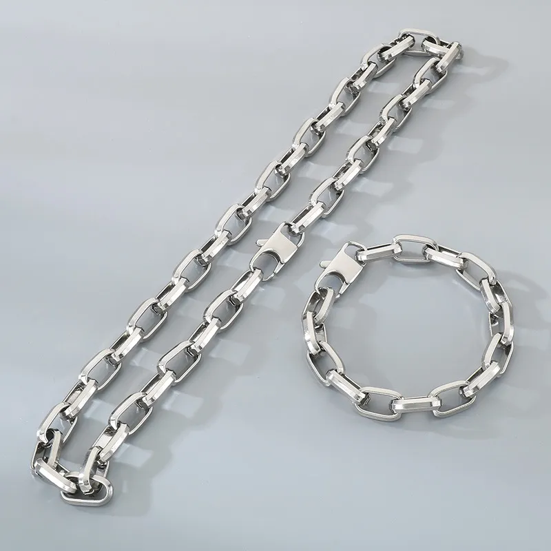 Stainless Steel Fashion Simple Square Chain Trapezoidal Square Buckle Bracelet&Necklace Set