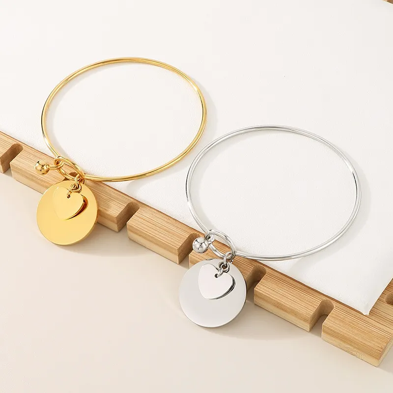 Heart Shaped Bangles Women's Engraved Love Pendant Buckle Bracelet