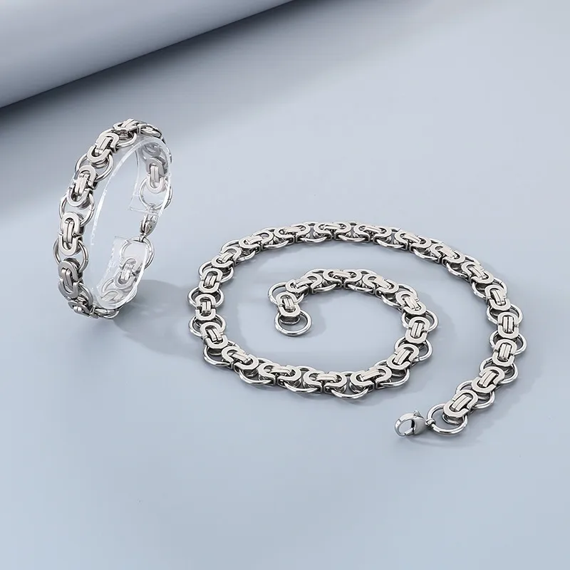 Personalized Hip-Hop Style Rock Emperor Chain Circle Bracelet, Trendy Byzantine Flat Stainless Steel Men's Necklace Set
