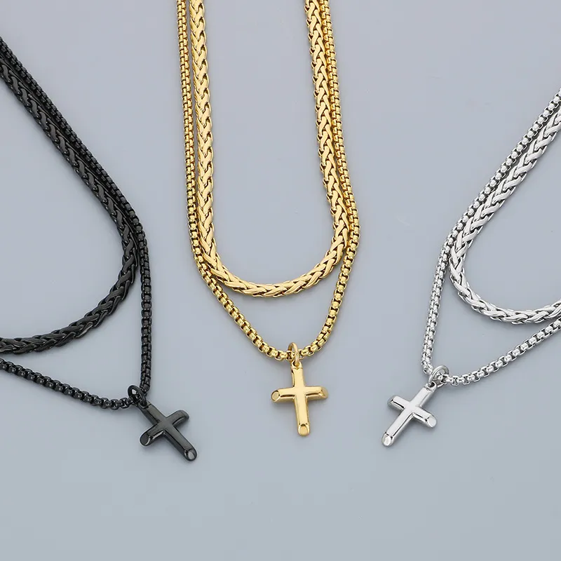 Fashionable Stainless Steel Creative Double-Layer Mixed Chain Hanging Cross Pendant Men's Necklace Accessories