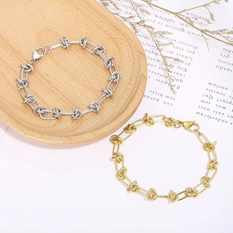 European and American Fashion Personality Stainless Steel Geometric Square Knot Jewelry Bracelet&Necklace Accessories