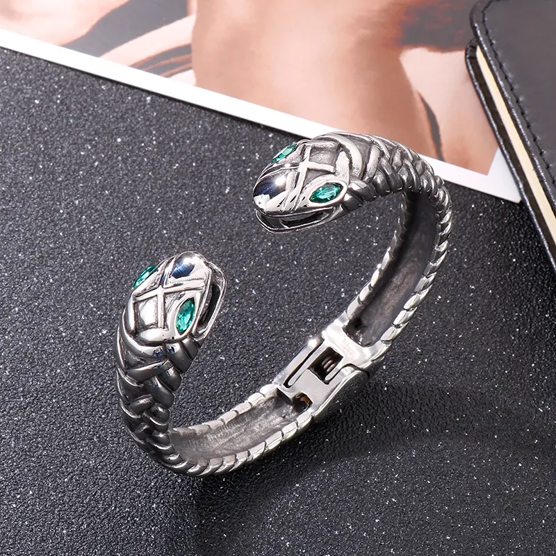 Kalen Stainless Steel Jewelry Set, Vintage Green-Inlaid Cobra Ring and Double-Headed Snake Open Bracelet Men's Set