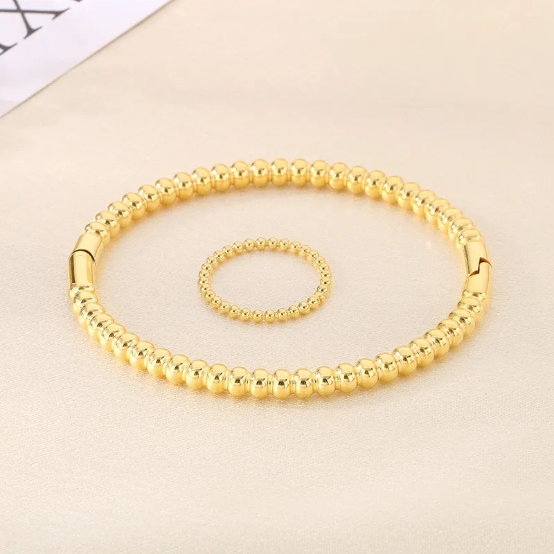 Minimalist Beaded Water Wave Stainless Steel Ring Adjustable Oval Bracelet Jewelry Set