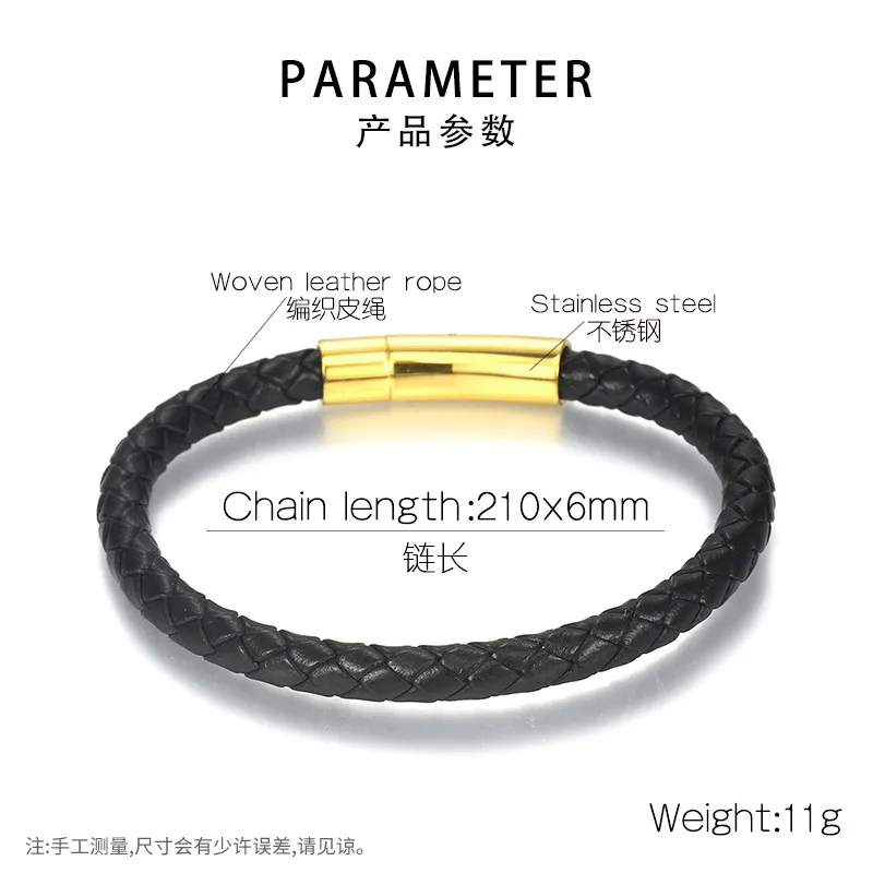 Men's Personalized Leather Rope Weaving Bracelet Stainless Steel Snap Button Trendy Men's Simple Plain Circle Bracelet