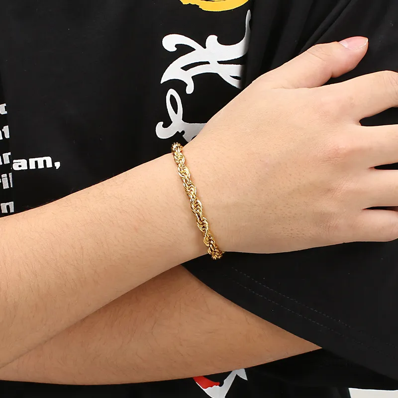 Hip Hop Men's Bracelet Gold Plated 18K Fried Dough Twists Chain Stainless Steel Braided Twisted Rope Bracelet