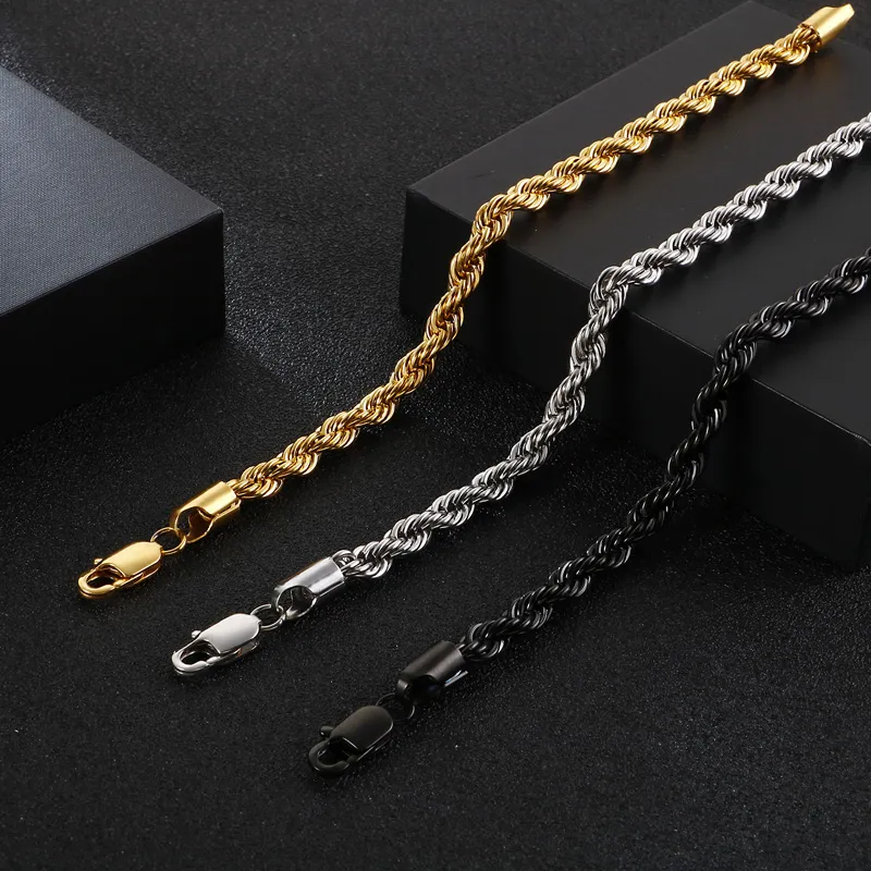 Hip Hop Men's Bracelet Gold Plated 18K Fried Dough Twists Chain Stainless Steel Braided Twisted Rope Bracelet