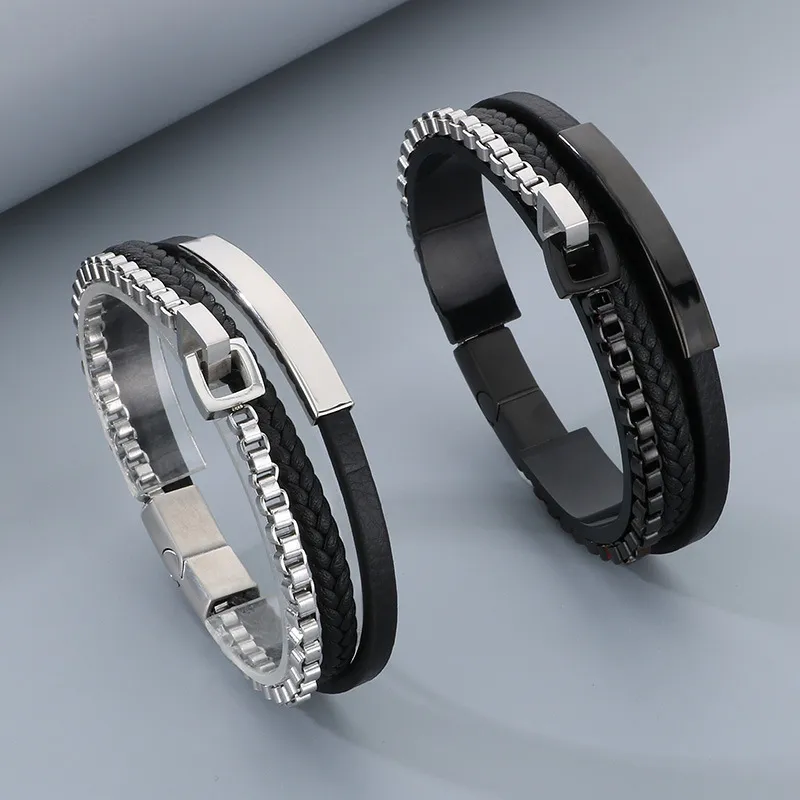 Stainless Steel Chain Leather Rope Woven Bracelet Multi-Layer Woven Leather Bracelet Popular Magnetic Buckle Bracelet