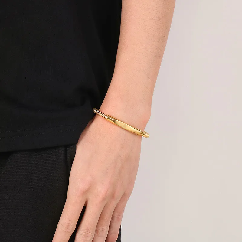 Trendy Men's Stainless Steel Polished Geometric Curved Plate with Engraved Logo Circular Ring Snake Bone Bracelet