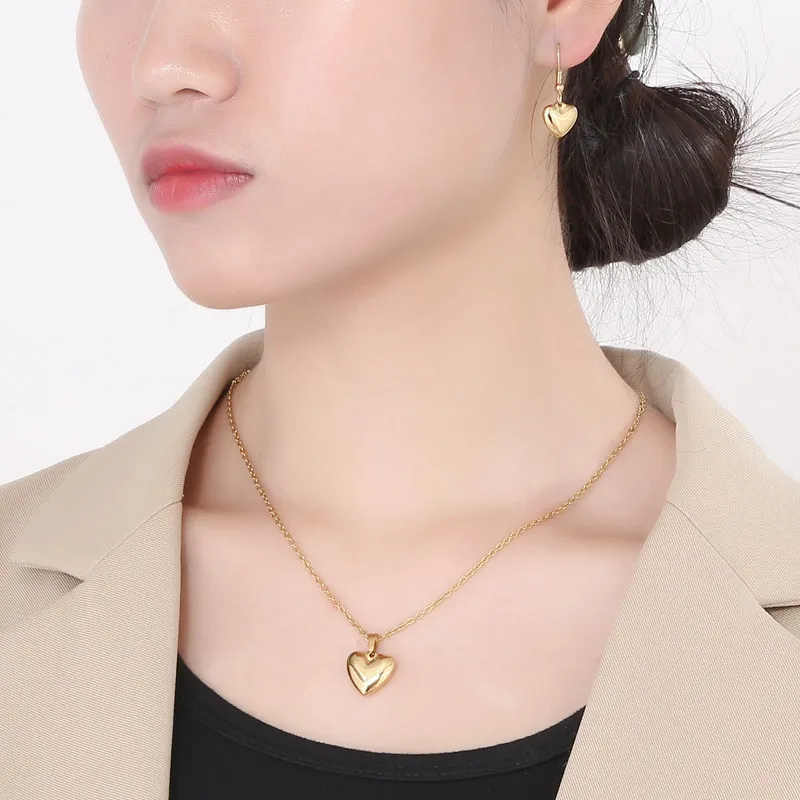 Minimalist Style Stainless Steel Heart-Shaped Pendant Earrings Necklace Set Jewelry Women's Accessories