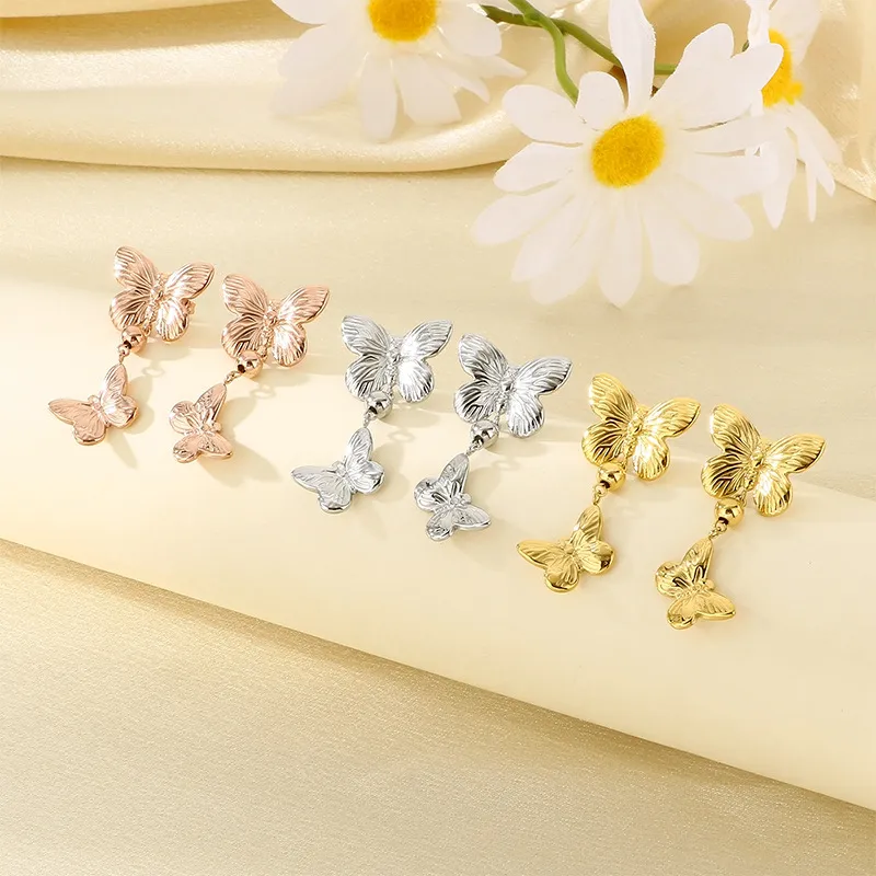 Luxury Double Layer Textured Butterfly Stainless Steel Earrings Unique Jewelry