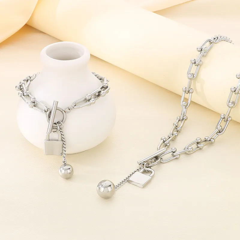 Hip-Hop Ball Padlock Gender-Neutral Sweater Chain Beaded Stainless Steel Jewelry Set Wholesale