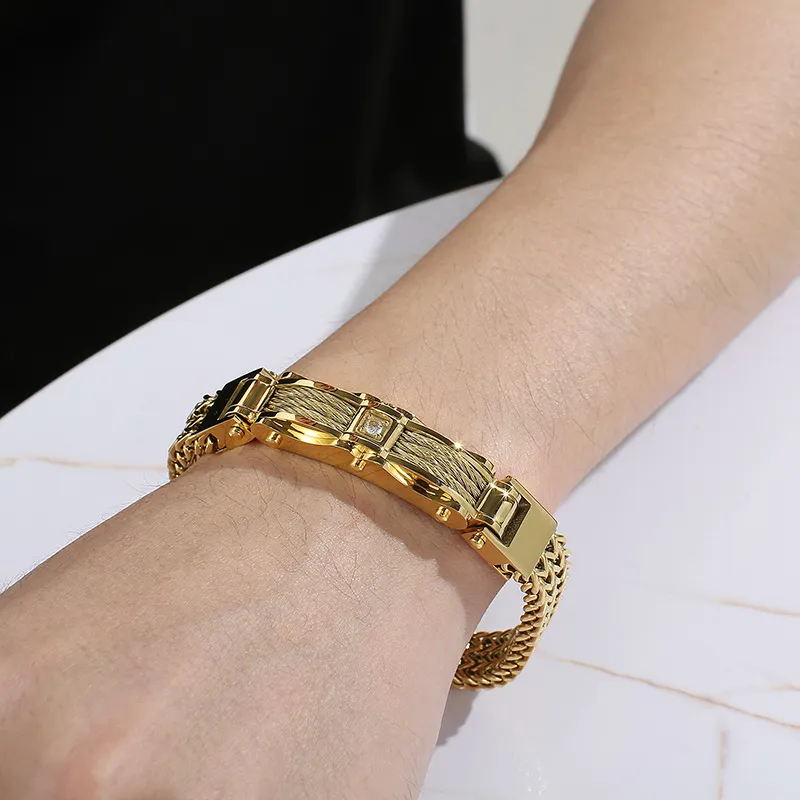Fashion Creative Chain Stainless Steel Men's Magnetic Buckle Gold Plated Zircon Bracelet