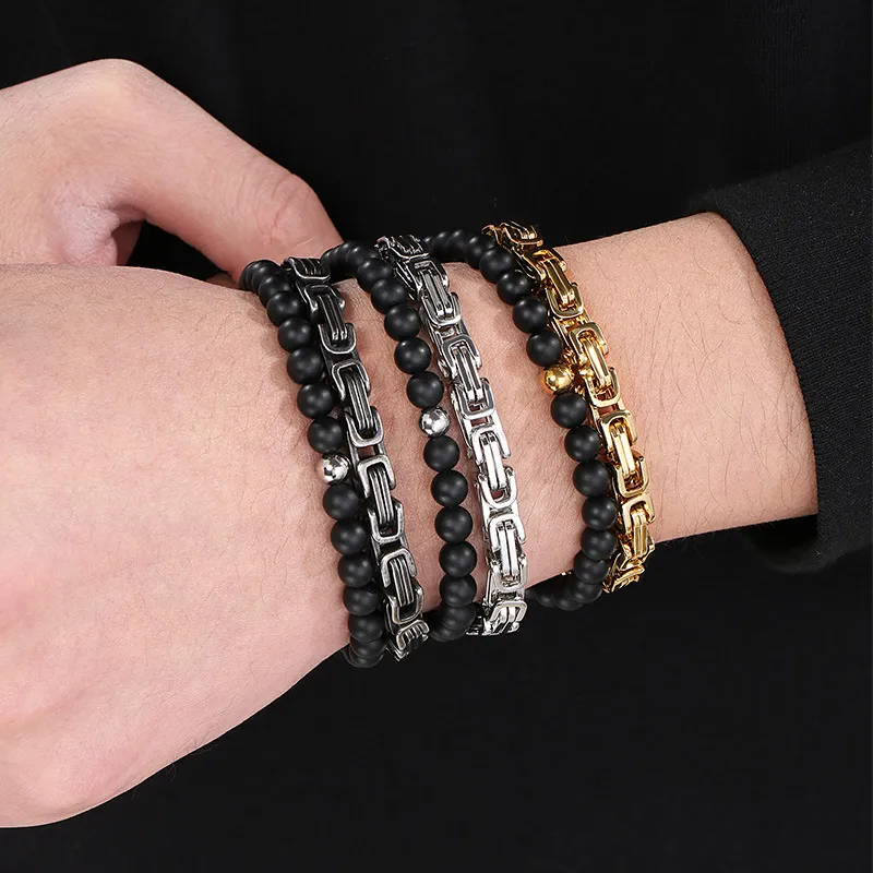 Cross-Border Vintage Handmade DIY Double-Layer Bracelet, Punk Fashion Black Agate Imperial Chain Stainless Steel Men's Stackable Jewelry