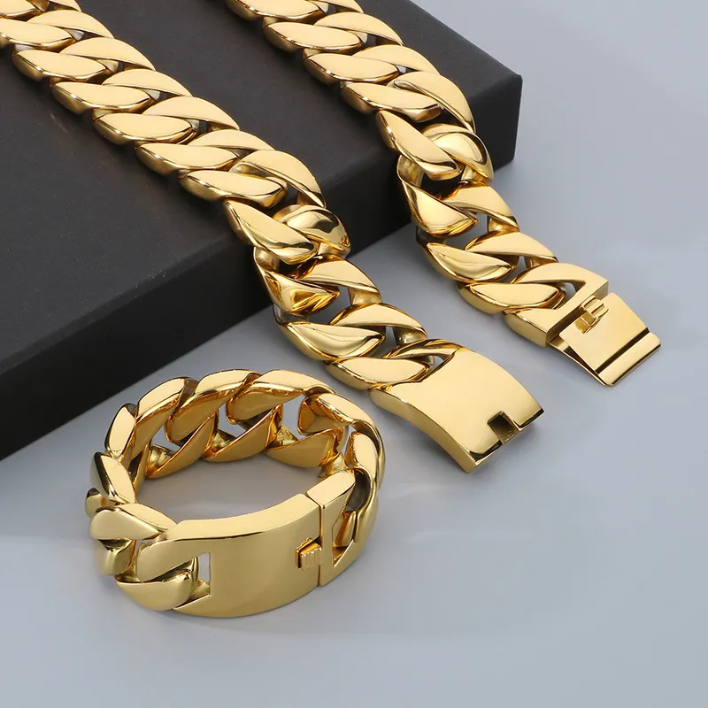 Hot Selling Trend 31mm Chain Gold Plated Stainless Steel Necklace Bracelet Sets