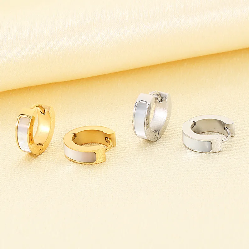 Korean Japanese Smooth Shell Inlaid Flat Stainless Steel Huggie Earrings Trendy Elegant Earrings Wholesale