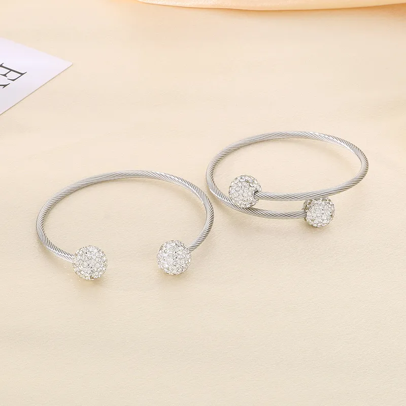 Fashion Round White Clay Full Rhinestone Open Wire Woven Stainless Steel Bangle