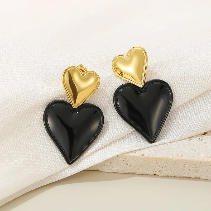 European American Ins Earrings Two-Tone Gold Silver Heart Stainless Steel Stud Earrings
