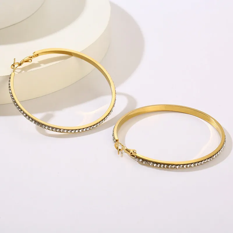 Trendy Statement Earrings Geometric Round Hollow Rhinestone-Embedded Stainless Steel Hoops Women Wholesale