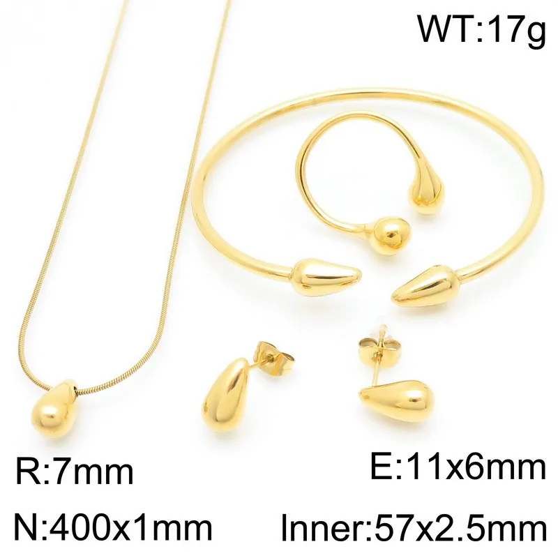 Trendy and Fashionable Stainless Steel Chubby Droplet Shaped Ring Bracelet Earring Necklace Four Piece Set