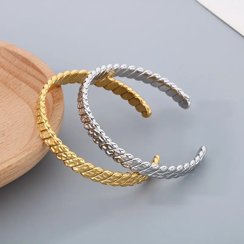 Ins Stainless Steel Textured C-Shaped Adjustable Bracelet Personality Twisted Rope Bangle Wholesale